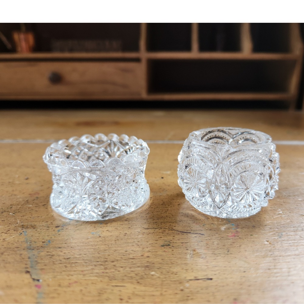 Set of 2 Vintage Clear Cut Glass Open Salt Cellars Trinket Dish